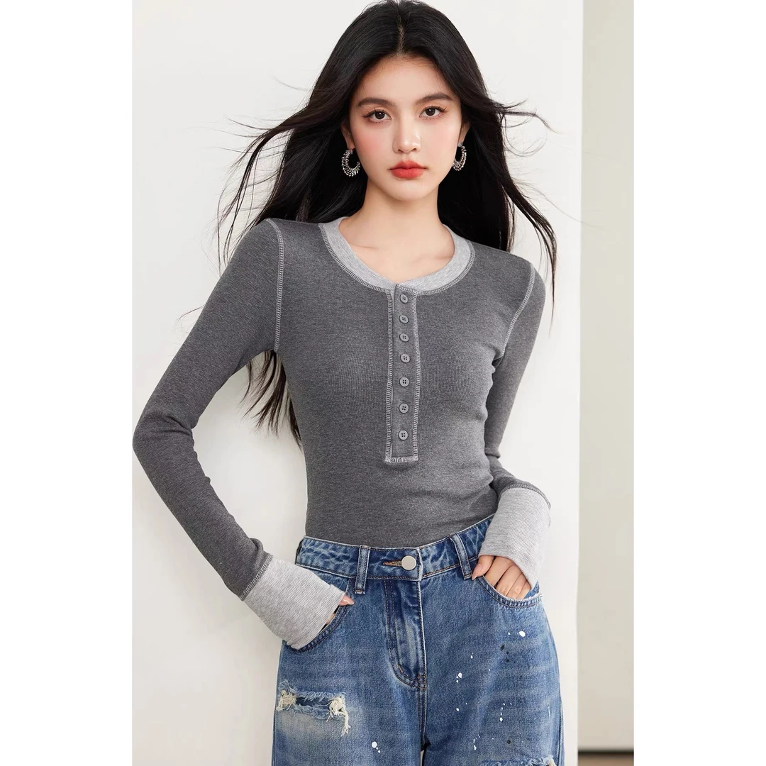 美式拼色拼接长袖健身T恤女秋季新款修身显瘦百搭设计感瑜伽上衣