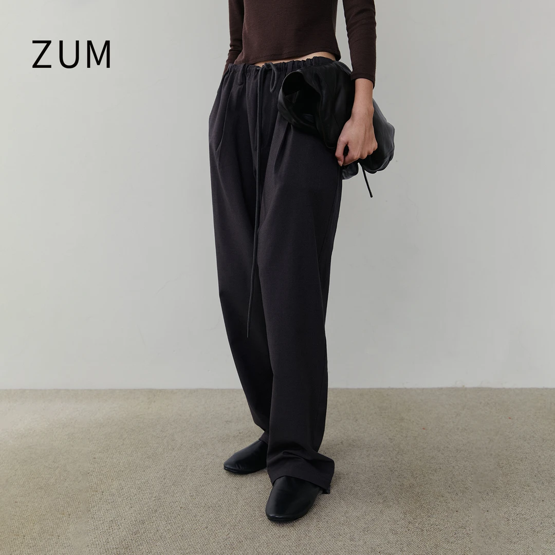 ZUM |休闲舒适 |中腰抽绳休闲裤女25冬新款显瘦垂感阔腿九分裤子