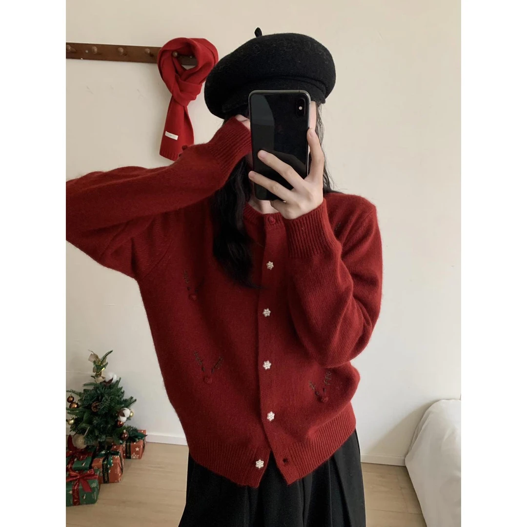 【欧货线下同款】2025新款复古风ins超火费尔岛麋鹿圣诞短款针织衫