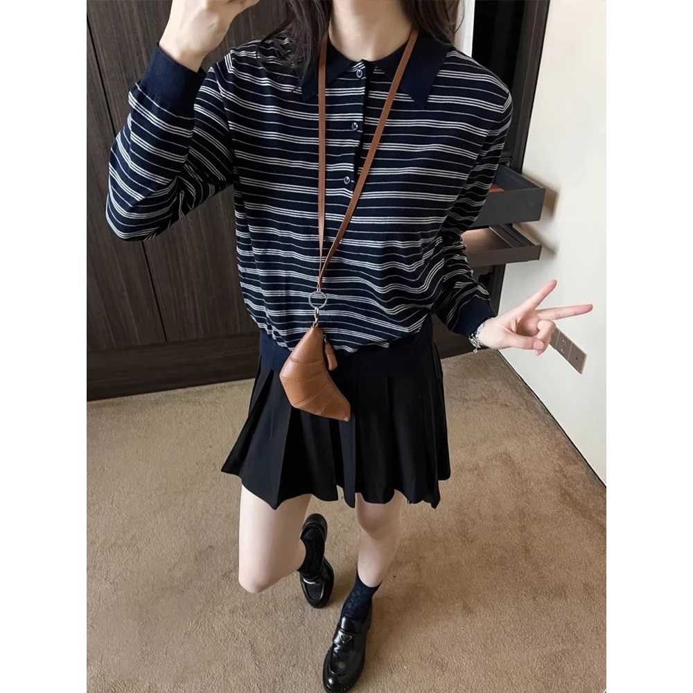 复古撞色条纹polo领针织衫女春秋新款翻领打底衫正肩长袖T恤上衣
