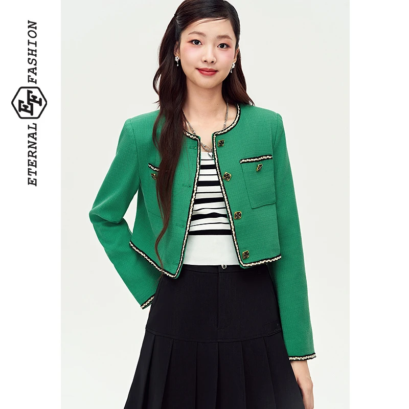 EF时尚修身显瘦2025春装新款单排扣圆领长袖短外套1040031007