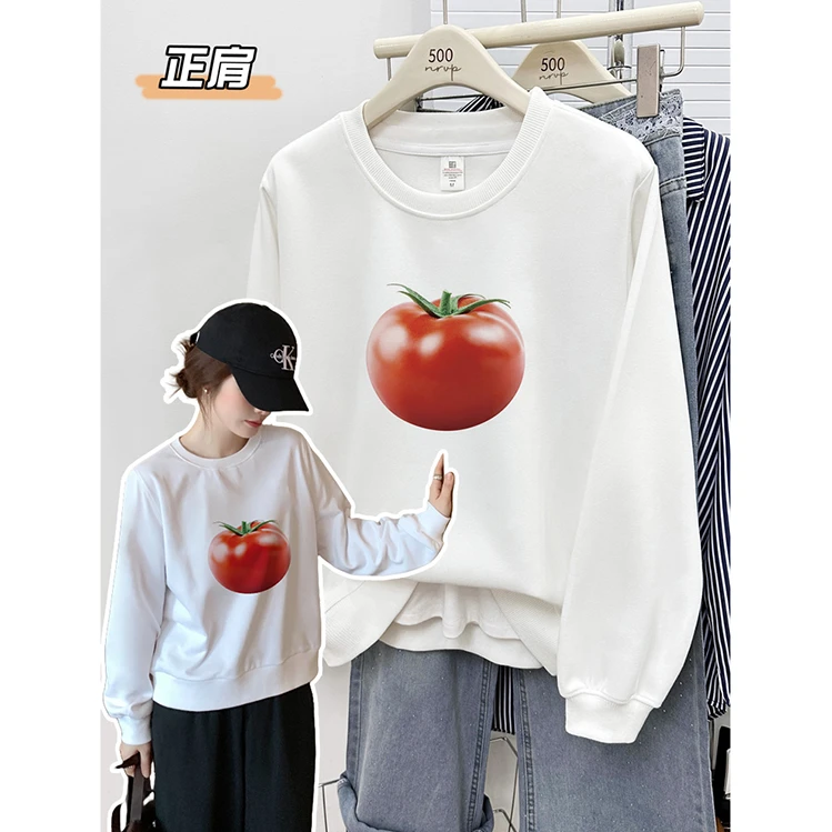 正肩大码女装卫衣女上衣2025年新款趣味西红柿印花休闲风宽松长袖