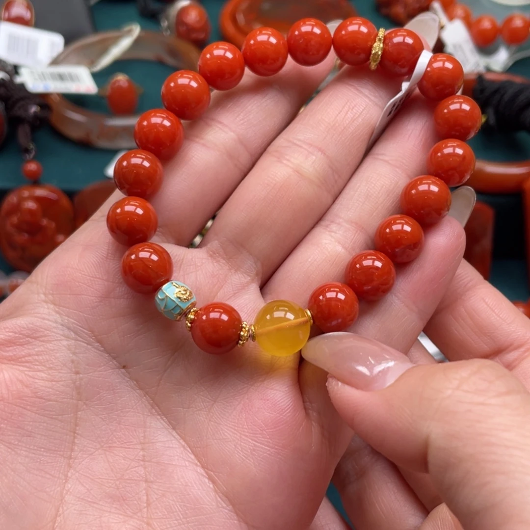 南红玛瑙银S925镶嵌川料南红满色满肉DIY单圈手串10mm