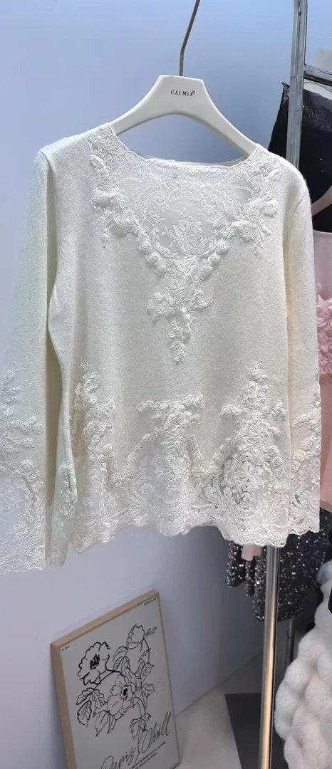 法式仙女宫廷风蕾丝长袖针织衫打底女时尚百搭修身秋冬网红气质款