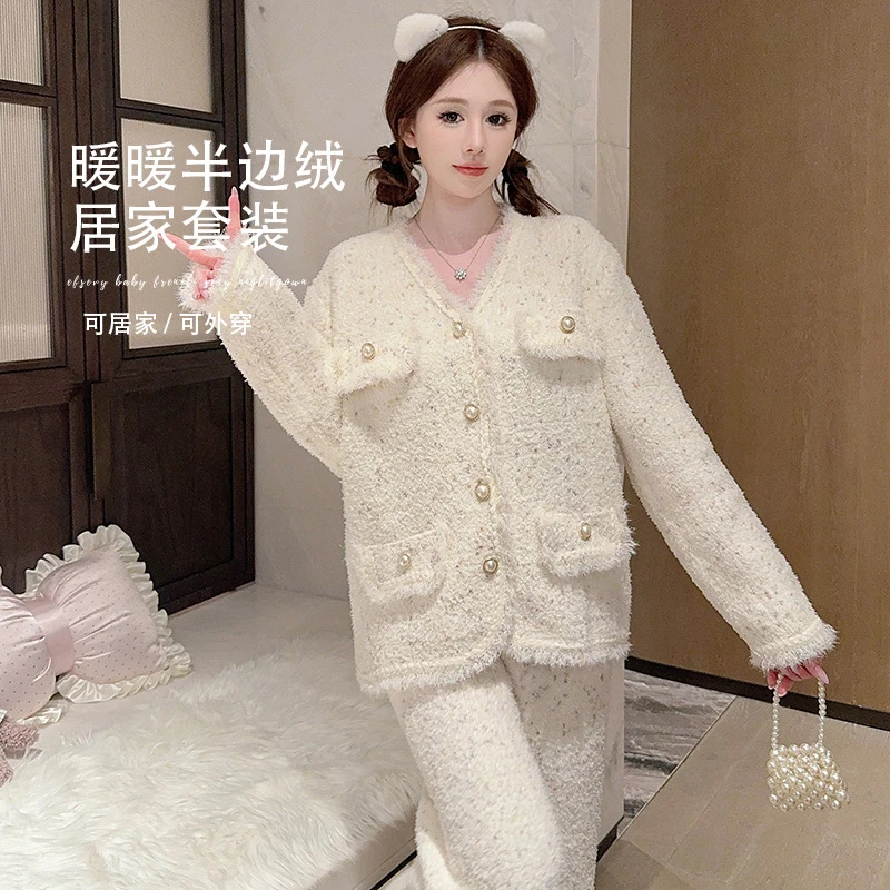 绵绵加厚外套保暖两件套睡衣+长裤家居服套装睡衣套装6901-2