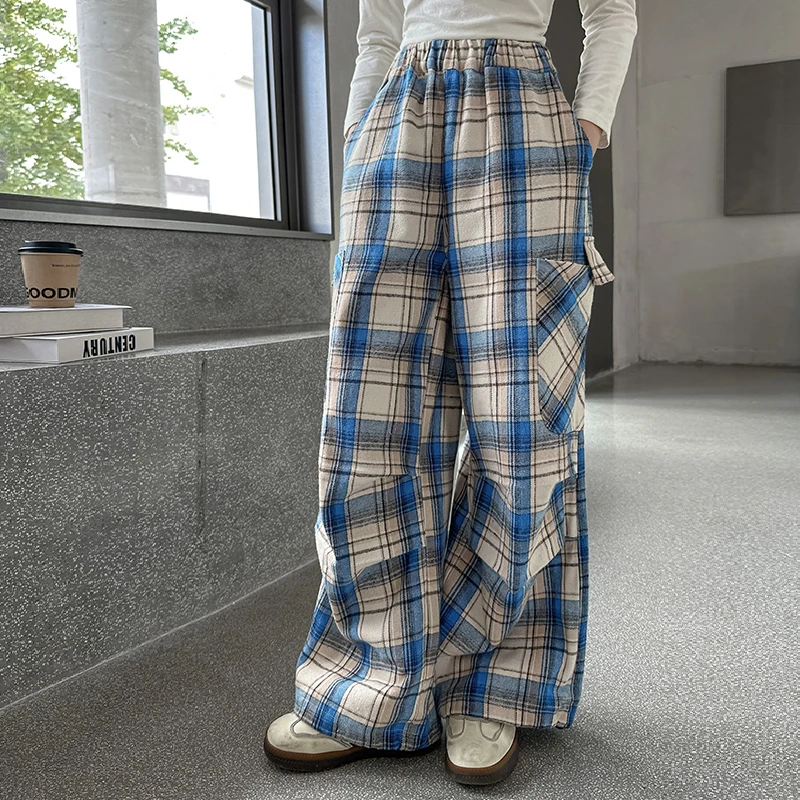 女童工装裤秋季2025新款洋气大童格子阔腿裤春秋儿童炸街休闲裤子