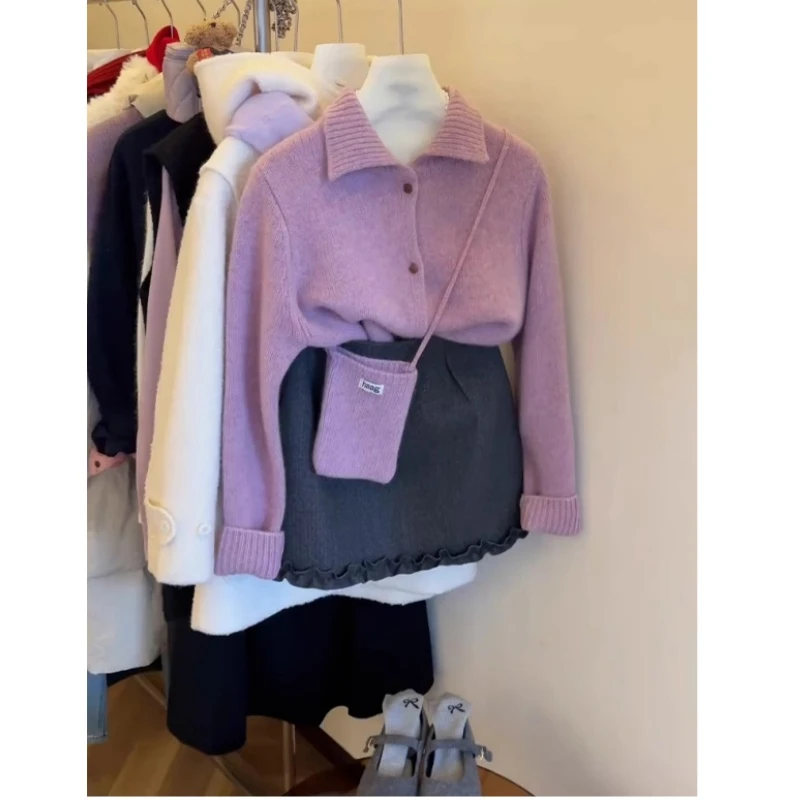 秋冬两件套高级感超好看针织开衫上衣女慵懒翻领毛衣外套短裙套装