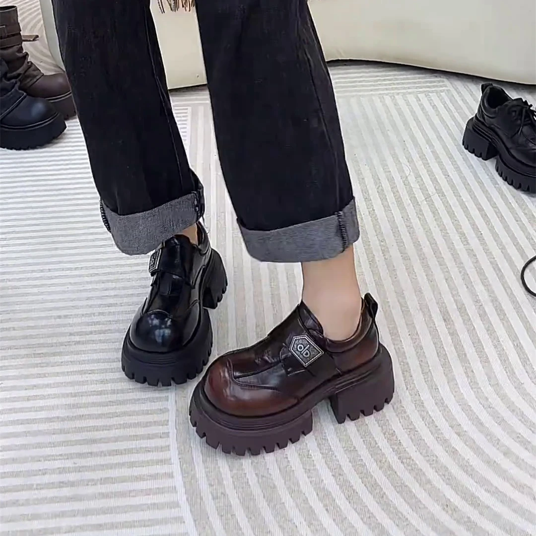 欧货松糕厚底小皮鞋女2025秋季新款英伦风魔术贴小个子增高乐福鞋