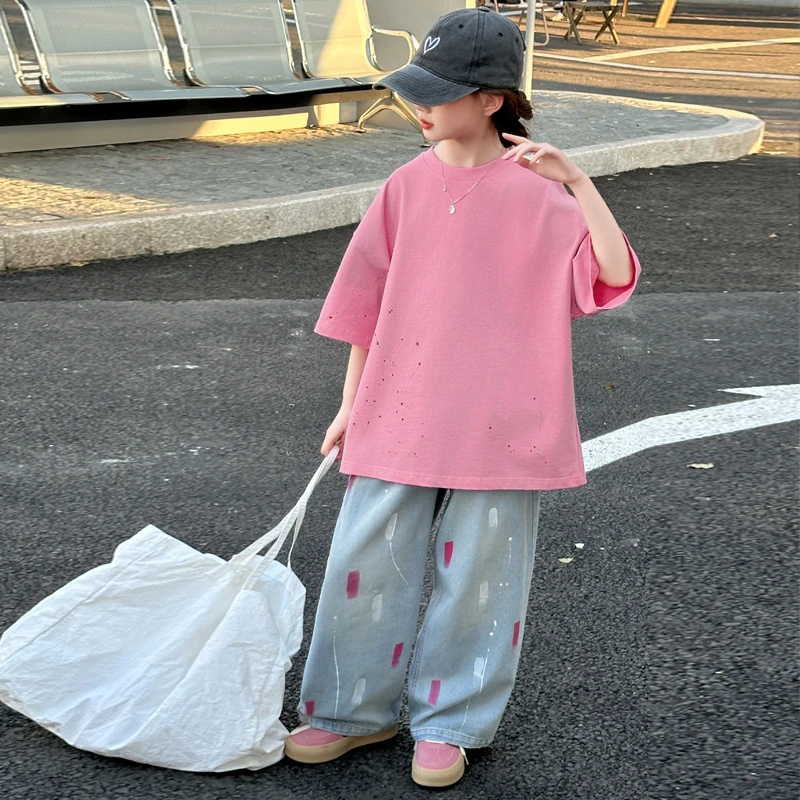 女童t恤短袖套装夏装2025新款女大童韩系潮T穿搭宽松休闲半袖上衣