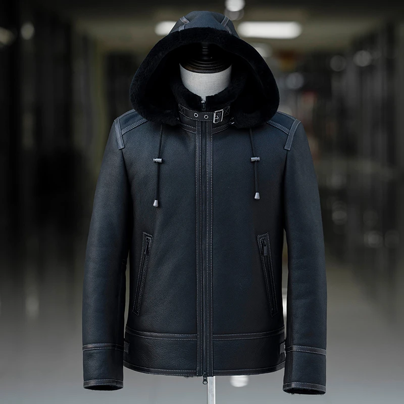 连帽原生态羊皮毛一体男冬季厚真皮毛外套翻领简约休闲皮毛一体