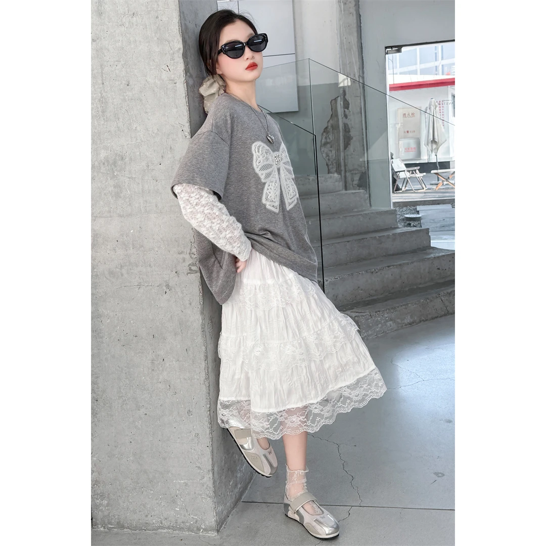 女童蝴蝶结长袖t恤套装春夏2025新款大童夏洋气上衣春装韩版套装