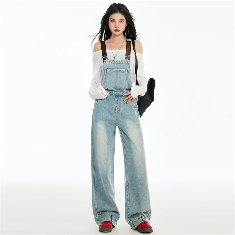 2025春季背带牛仔裤女新款个性设计宽松显瘦阔腿拖地减龄背带裤