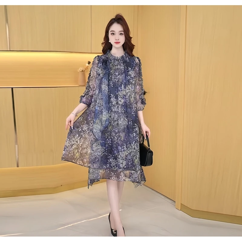 春季新款时尚气质高贵洋气百搭收腰显瘦宽松大码印花大摆型连衣裙