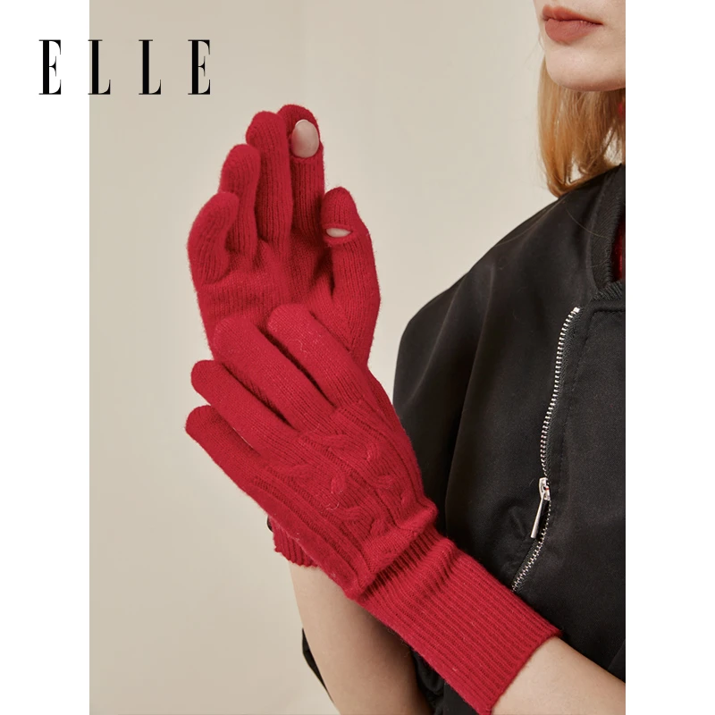 法国ELLE100绵羊毛手套女冬季户外保暖时尚分指可触屏34WE36014