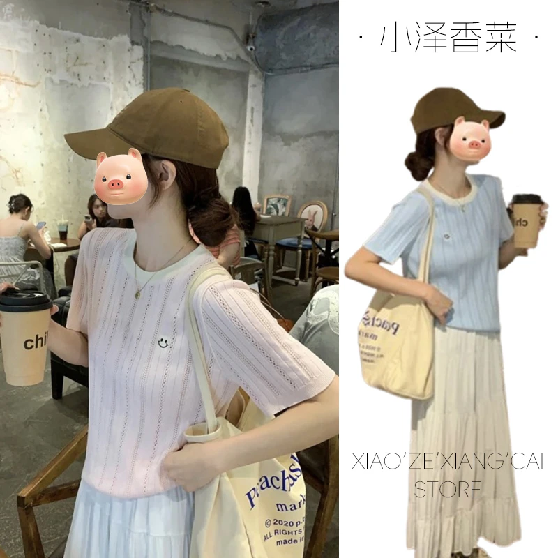 粉色圆领正肩镂空冰丝针织短袖T恤女夏季2025初夏多巴胺穿搭上衣