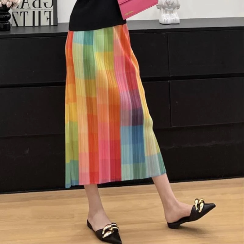 三宅褶皱百搭高级感复古小众设计度假风慵懒风松弛彩虹格子半身裙