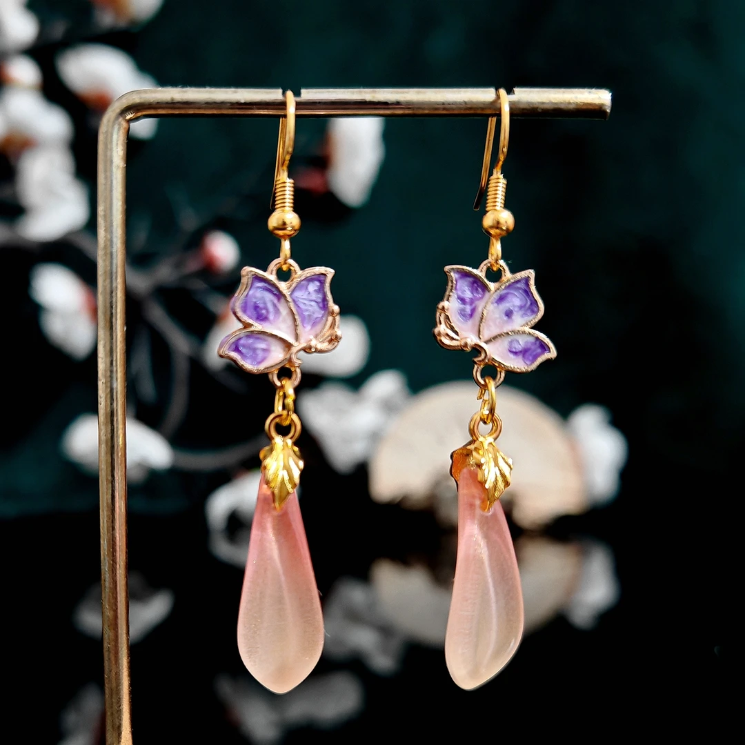 多吉米紫蝶衔福新中式紫莲花国风蝶韵耳环耳夹汉服配饰