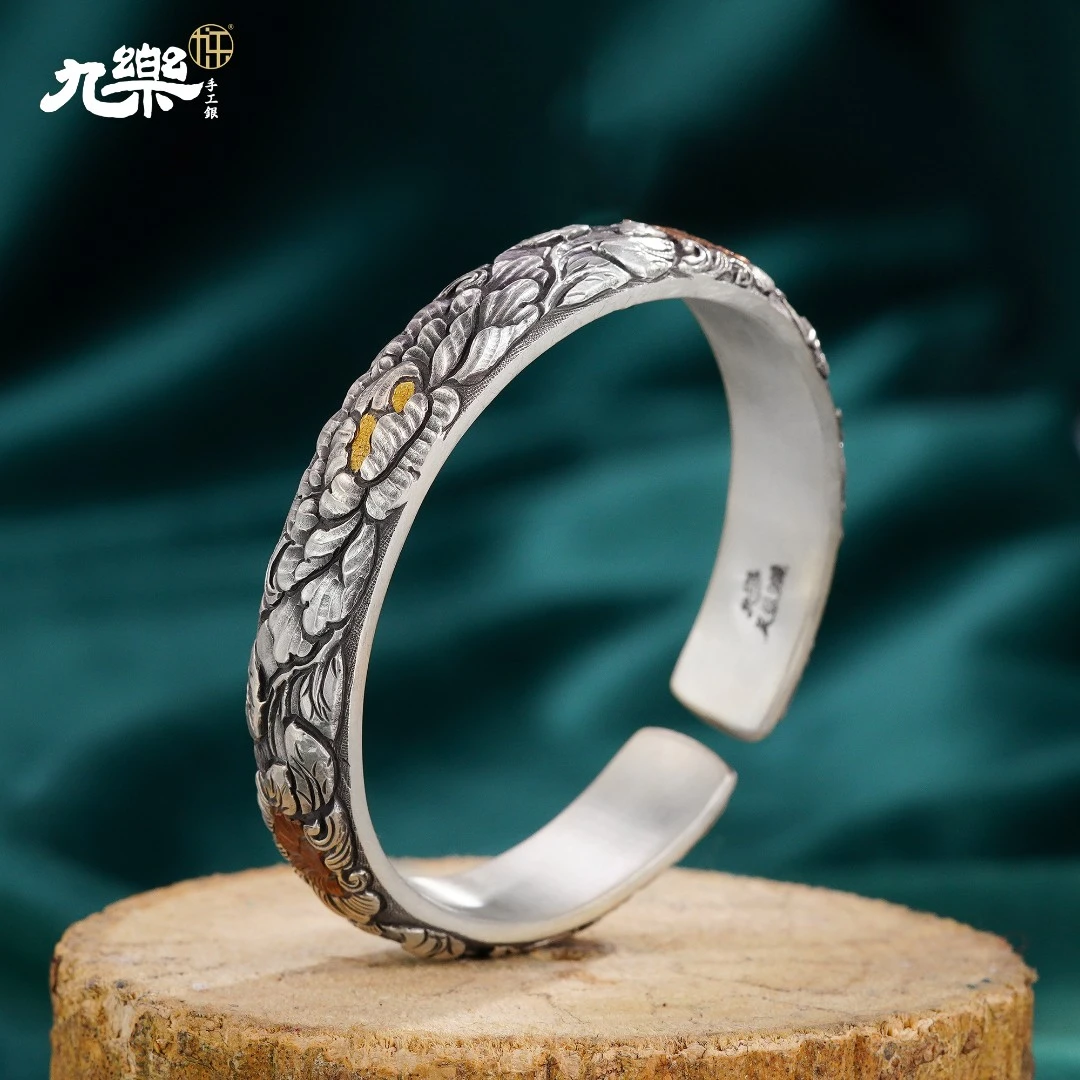 九乐 足银手镯 999原创古法传承手工錾刻牡丹手镯女士精品银镯子