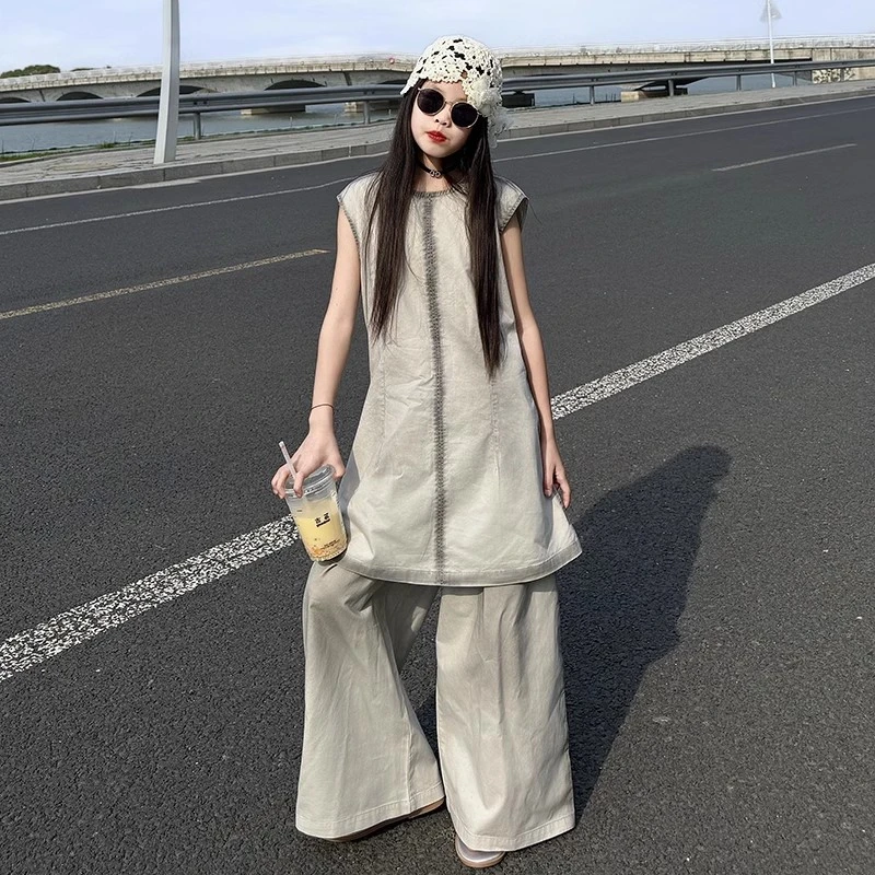 2025女童装夏季新款韩版时尚休闲百搭无袖背心上衣阔腿裤两件套潮