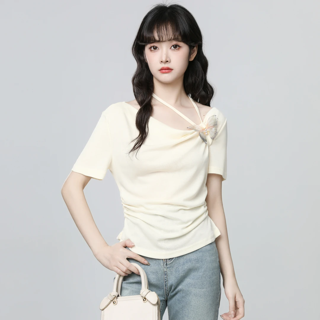 杏色斜领短袖T恤女夏2025夏季新款不规则收腰蝴蝶结体恤挂脖上衣