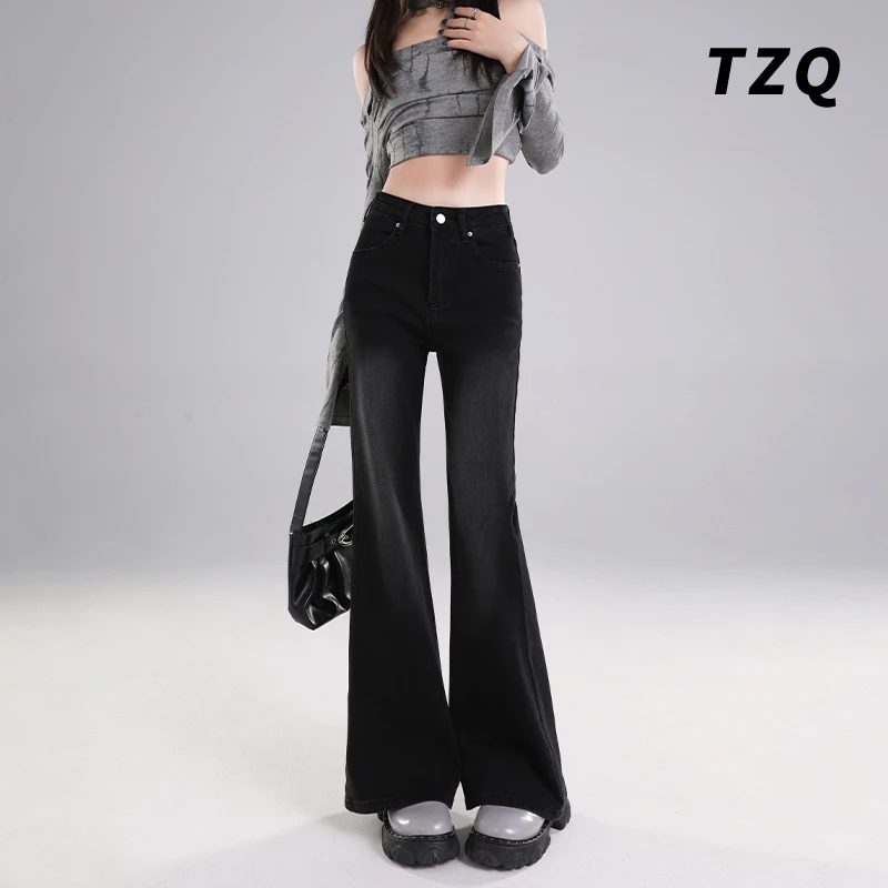 黑色小个子微喇阔腿牛仔裤女2025新款秋冬高腰显瘦不贴腿直筒裤子