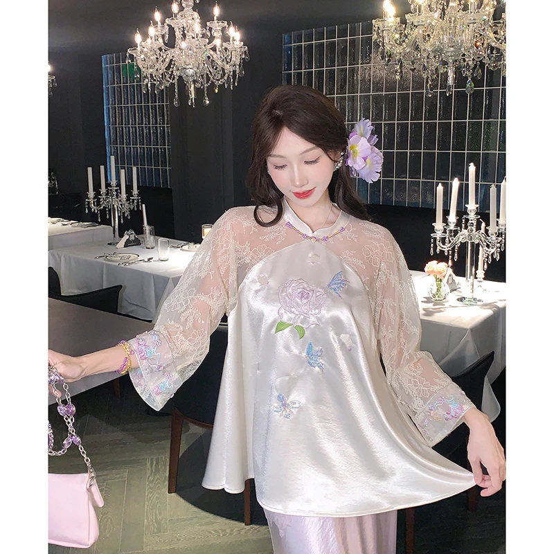 果果家【云梦】新中式2025女装秋中国风花边刺绣上衣半身裙