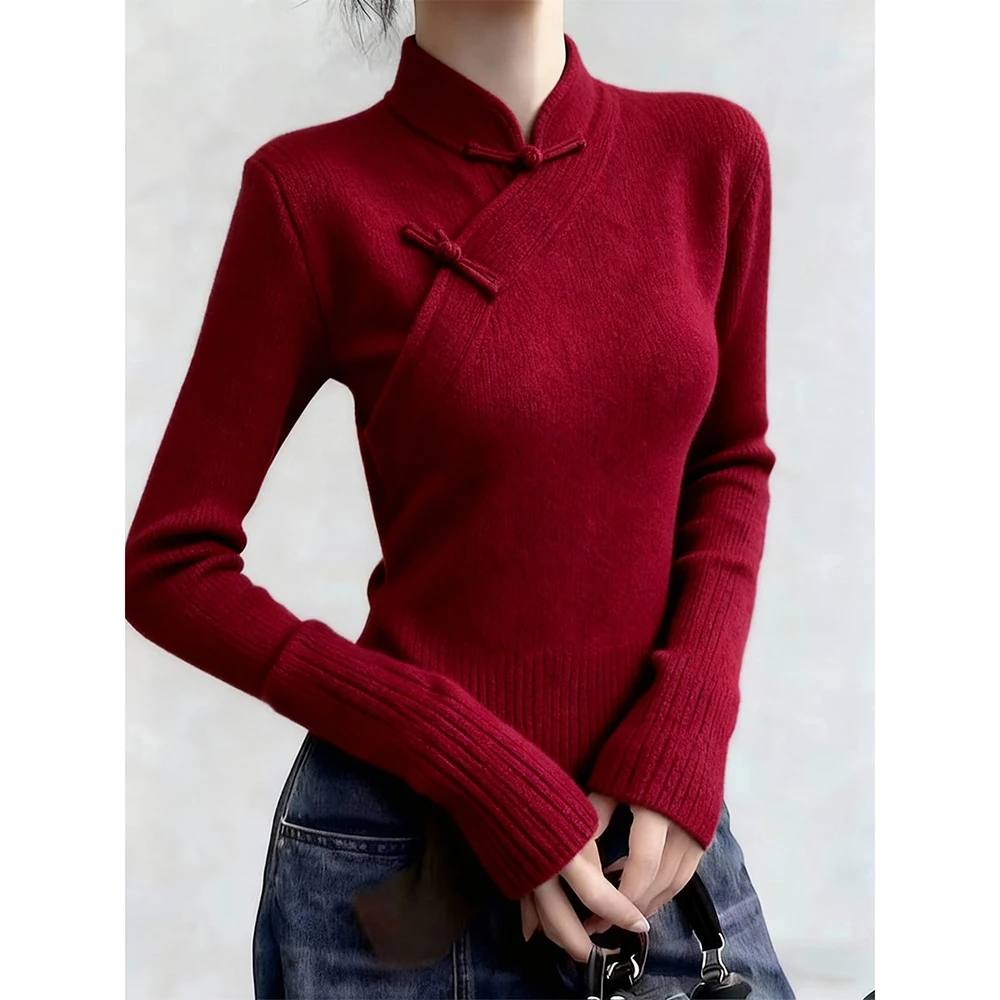2025时尚简约高级感中国风立领盘扣针织毛衣女修身显瘦红色打底衫
