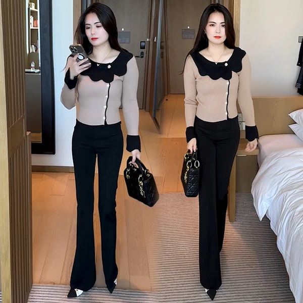 长袖法式开衫款修身短款毛针织衫名媛显瘦高腰花朵领百搭上衣365