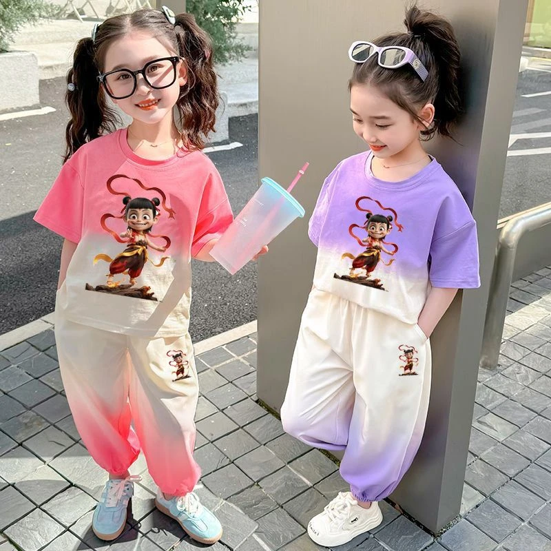 哪吒魔童小女孩夏季短袖套装圆领女童网红中小儿童两件套全套