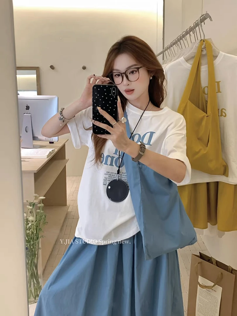 1123茄茄子 复古字母印花短袖三件套女夏季新款设计感简约宽松