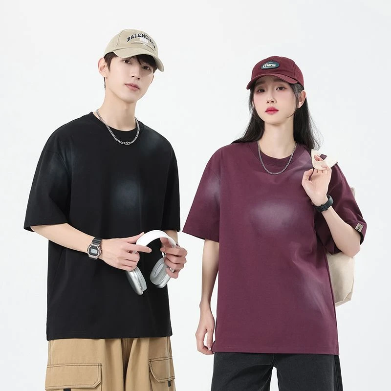 圆领短袖做旧男士休闲亨利领T恤宽松男装韩版百搭