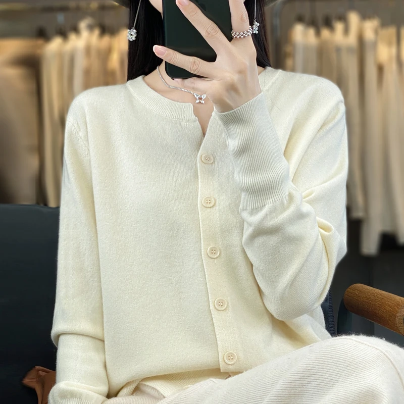 羊毛衫女士圆领开衫羊绒衫外套百搭休闲韩版针织打底衫春秋新款