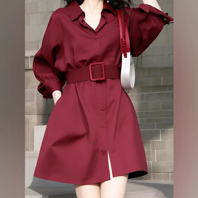 法式高端精致长裙春秋气质名媛轻奢高级感超好看红色衬衫连衣裙女