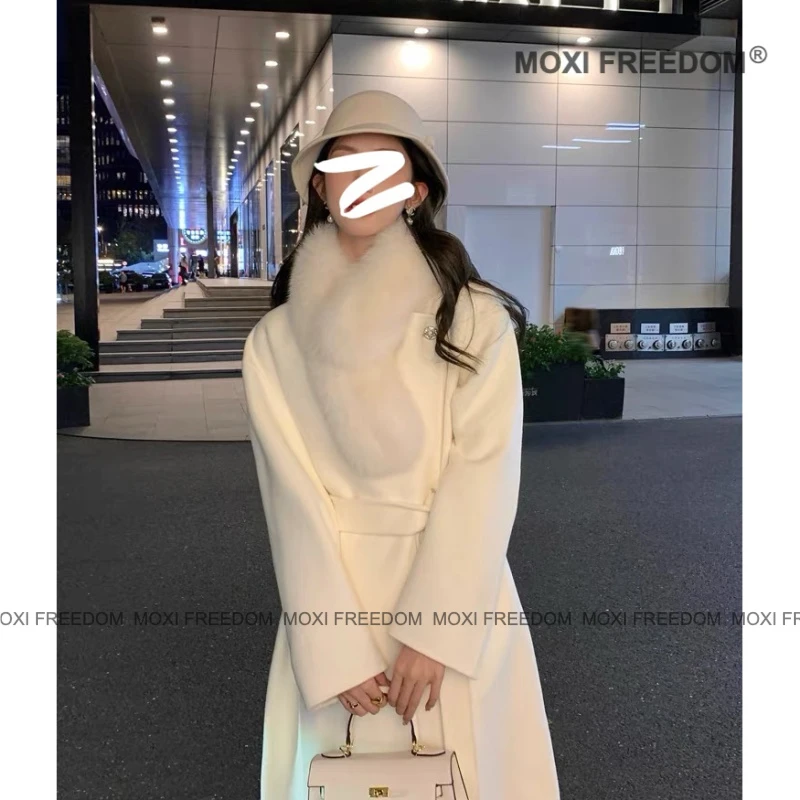 【留洋千金】狐狸毛领高品质腰带款新款双面羊毛呢大衣外套女