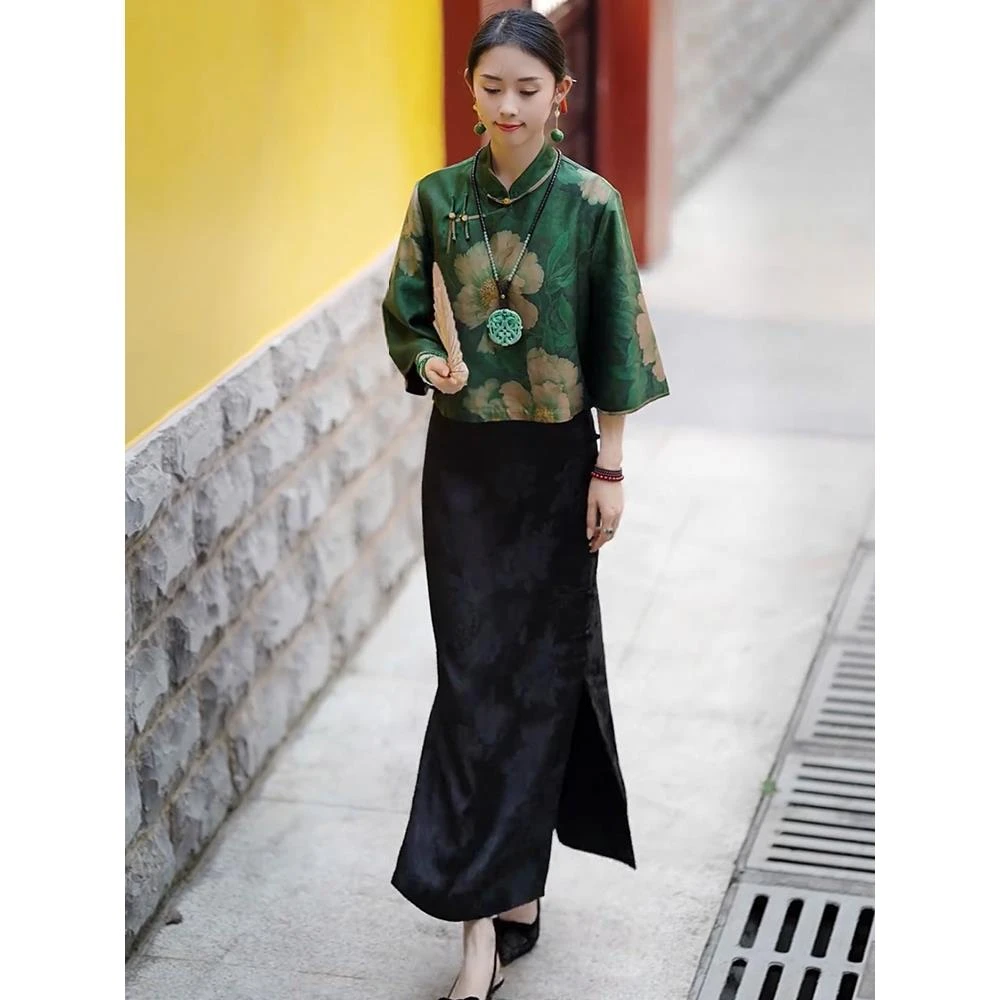 声雨竹香云纱新中式国风桑蚕丝宽松套装女春秋真丝印花上衣 旗袍