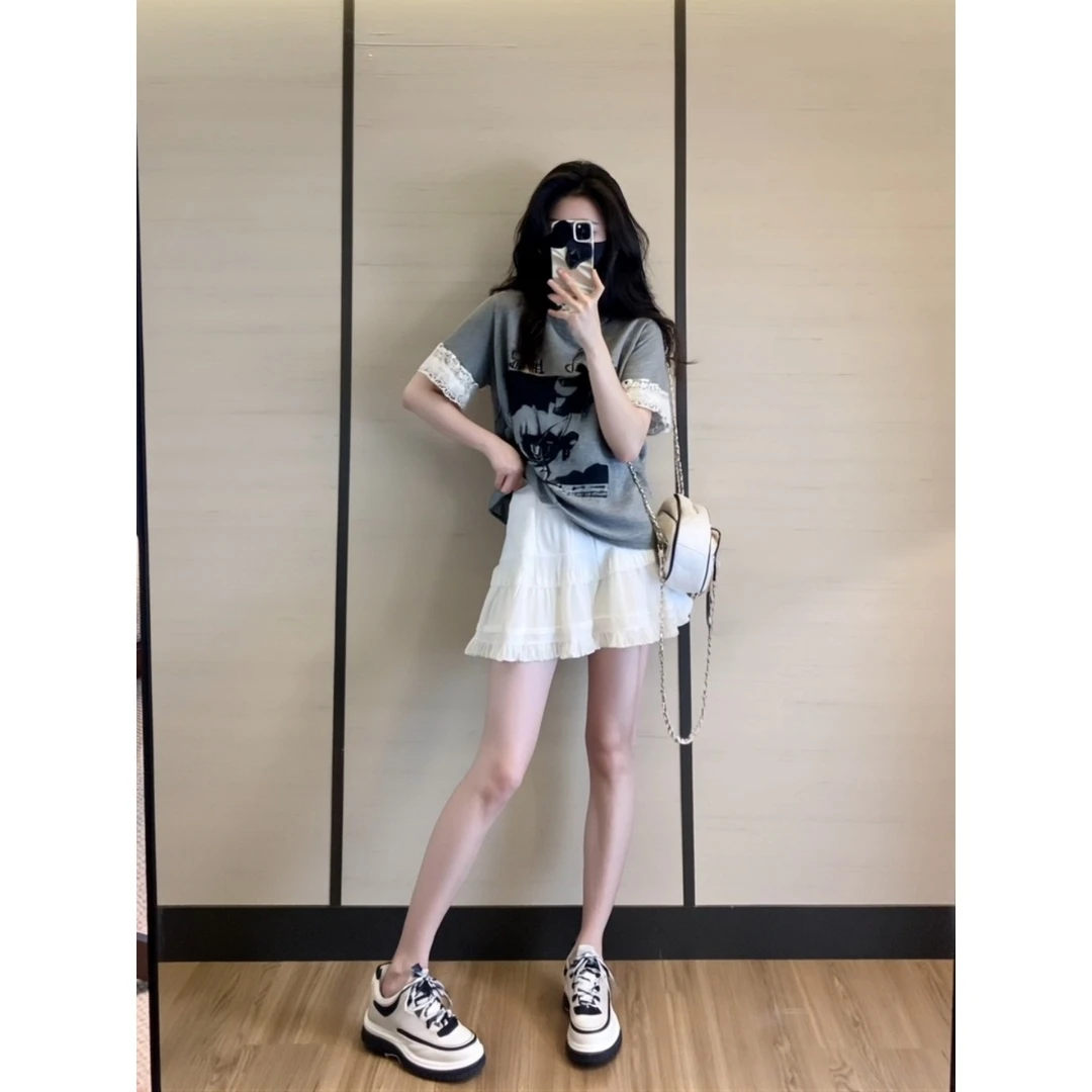 夏季套装两件套蕾丝T恤白色短裙半身裙穿搭一整套大方得体夏装女