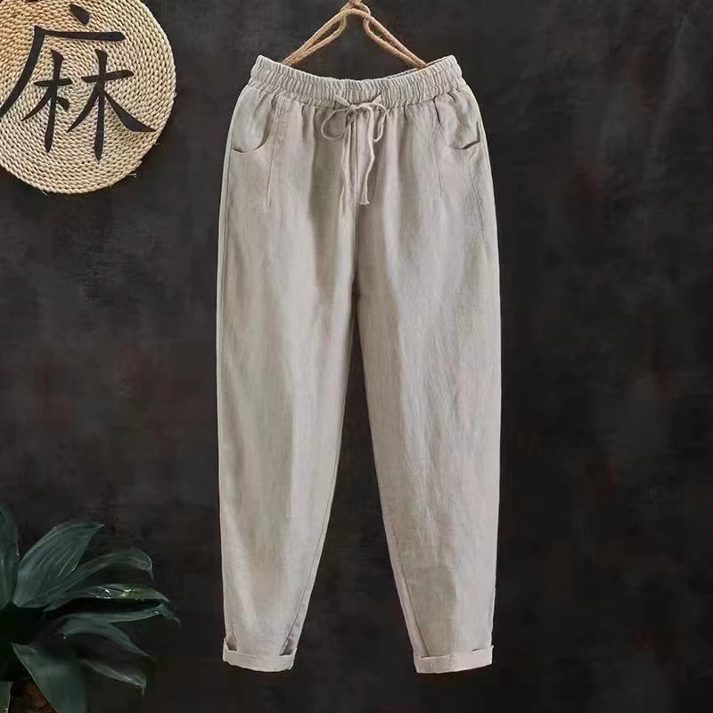 亚麻苎麻女裤夏装薄款宽松休闲大码萝卜裤新款棉麻哈伦九分裤透气