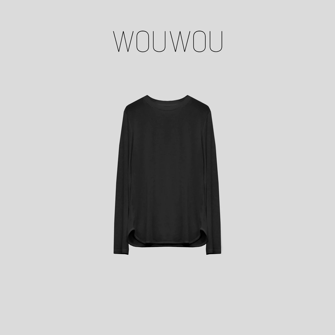 【WOUWOU】亚麻长袖斜裁圆领打底衫