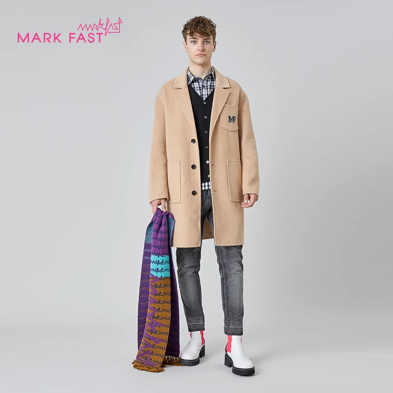MARKFAST设计师品牌卡其色双面呢大衣男H型简约外套M1BIM93150
