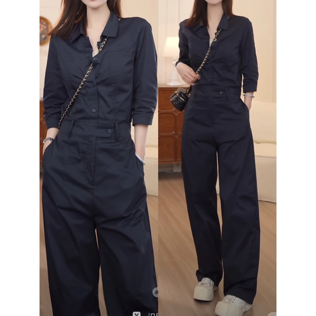 通勤时尚穿搭工装衬衫连体裤女设计感收腰蓝色连衣裤2025新款春季