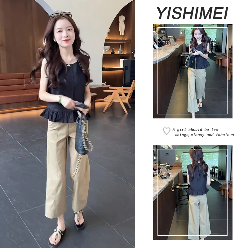 2025年夏季时尚穿搭韩系百搭简约无袖上衣高腰休闲裤两件套装