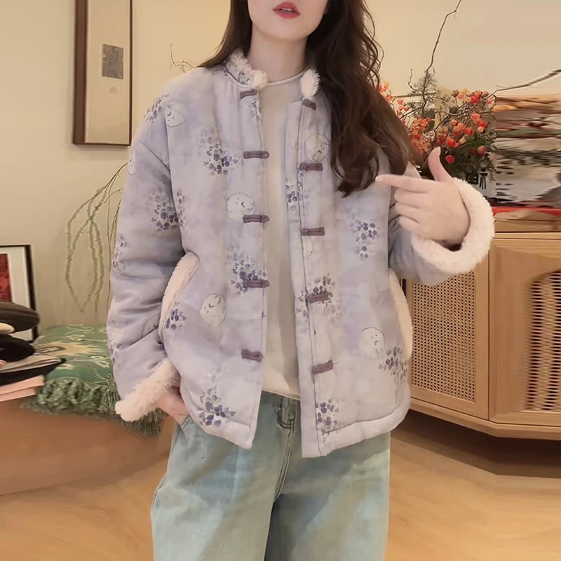 国风软萌印花盘扣棉衣2025秋冬毛绒包边日常出街灵动通勤温柔气质