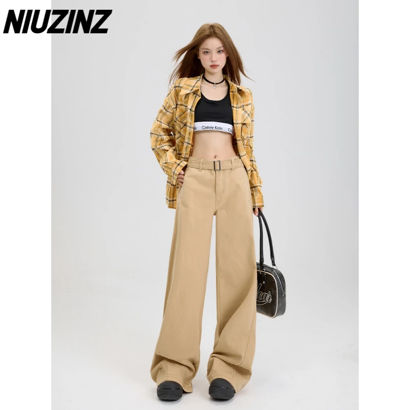 美式卡其色阔腿牛仔裤子女2025新款高腰显瘦小个子宽松垂感直筒裤