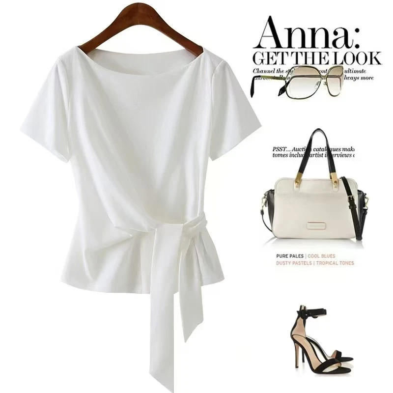 D9051女主气质风一字领系带设计收腰T恤