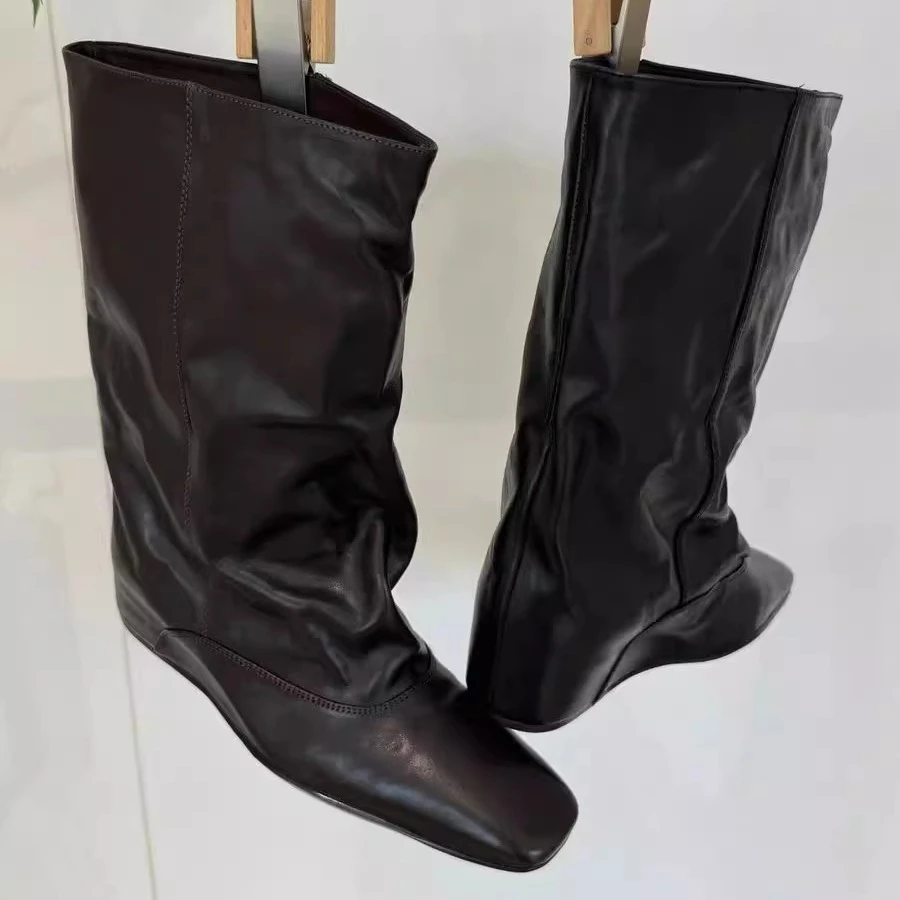 欧货版~秋冬新款内增高方头宽松套筒中筒靴女时尚短靴时装骑士靴