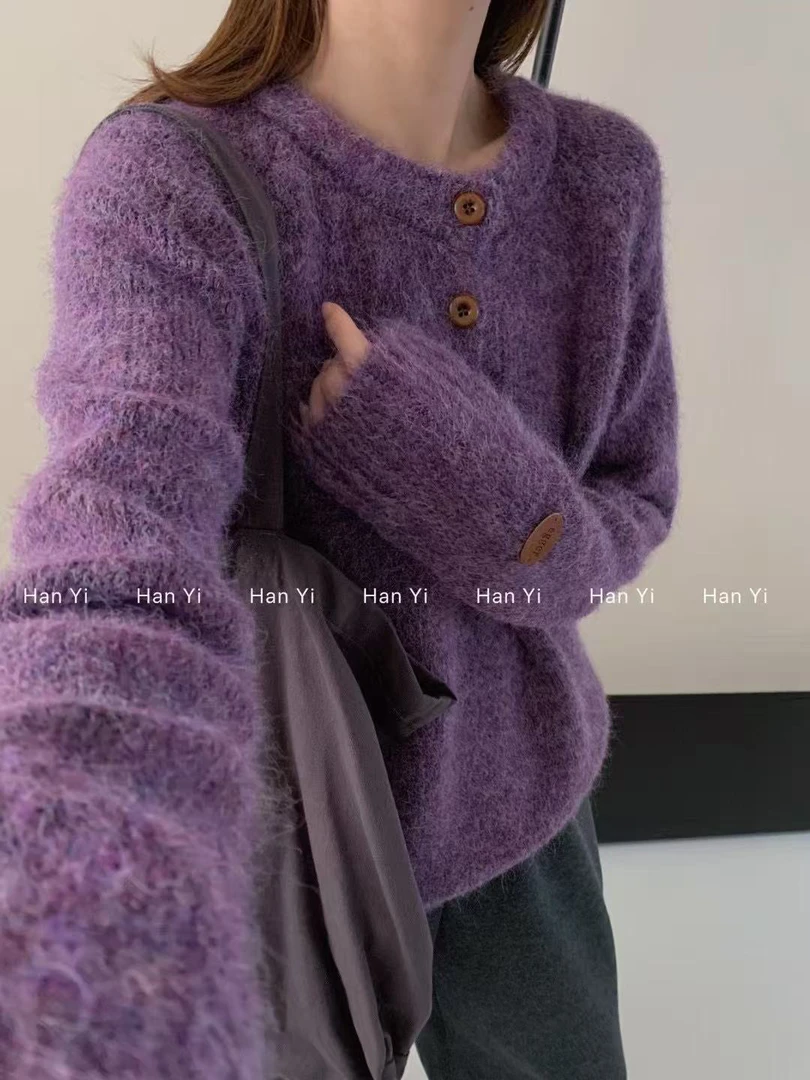 4567女常规款圆领毛针织衫上衣套头慵懒风秋冬显瘦开衫长袖韩版