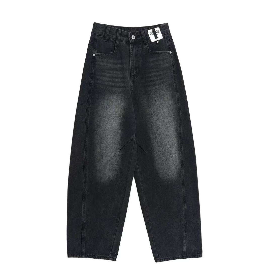 TO【QH66003】黑灰撞色设计中高腰美式遮胯显瘦穿搭潮流牛仔裤QC