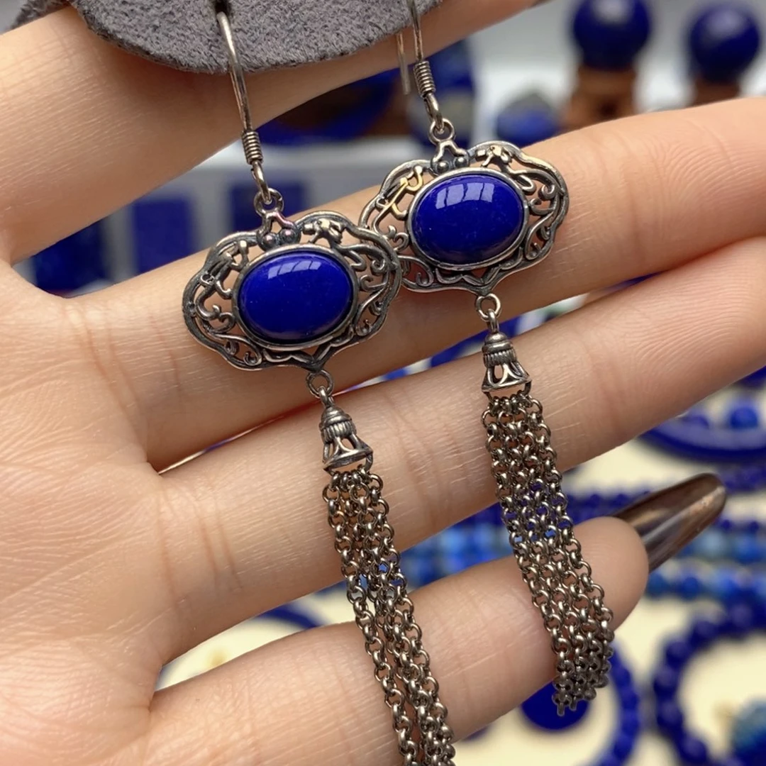 青金石银S925镶嵌耳饰