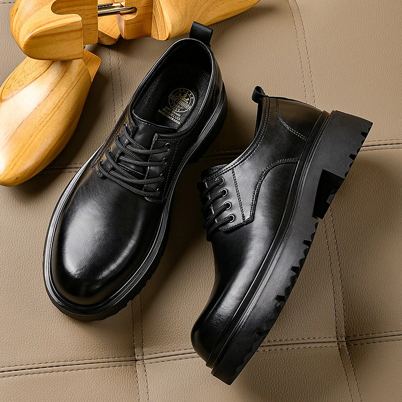 1762大头德比皮鞋男百搭潮流时尚男士休闲厚底增高系带素面韩版鞋