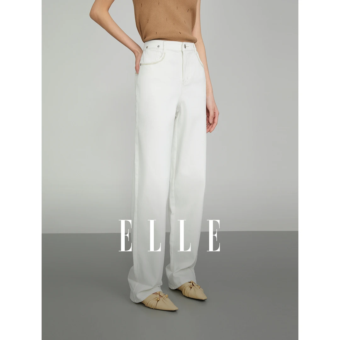 ELLE直筒高腰牛仔裤2025春季新款巴恩风显瘦修身休闲裤EQ50930